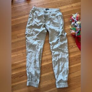 Nicole Miller Linen cargo joggers pants pockets light sage green M S summer 4 2